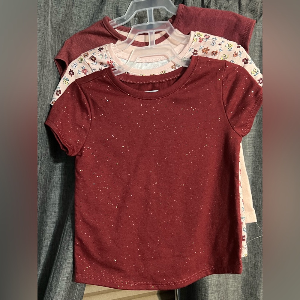 Set of 3 New Girls Garanimals Tees - Sparkly Burgundy, Floral & Baseball Style